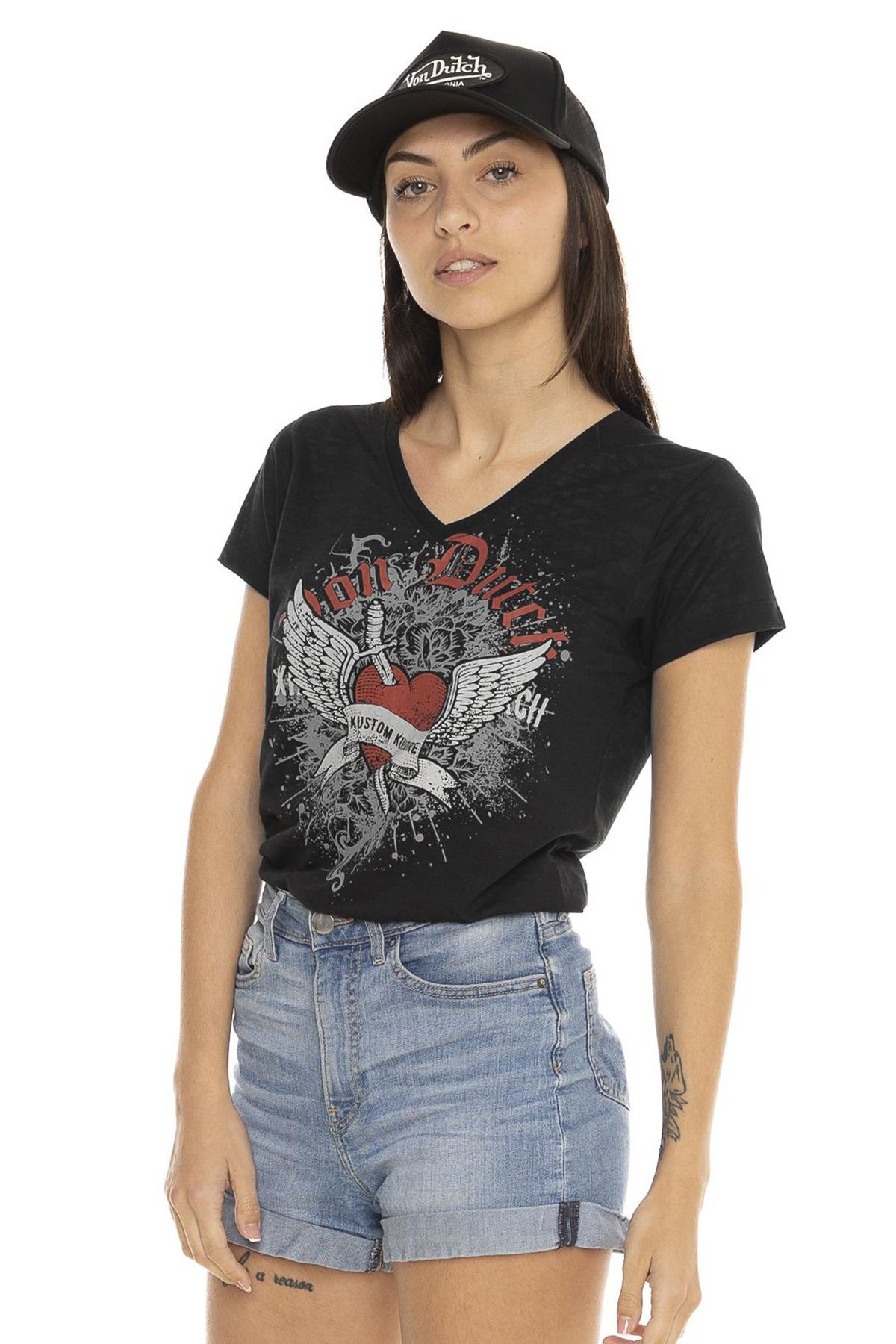 Black V-neck t-shirt with Kustom illustration - Image n°1