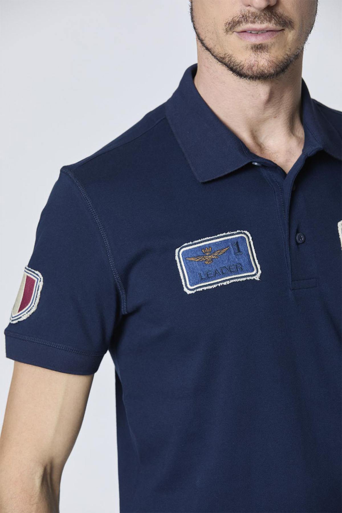 Navy blue cotton polo shirt with Italian aviation patch - Image n°3