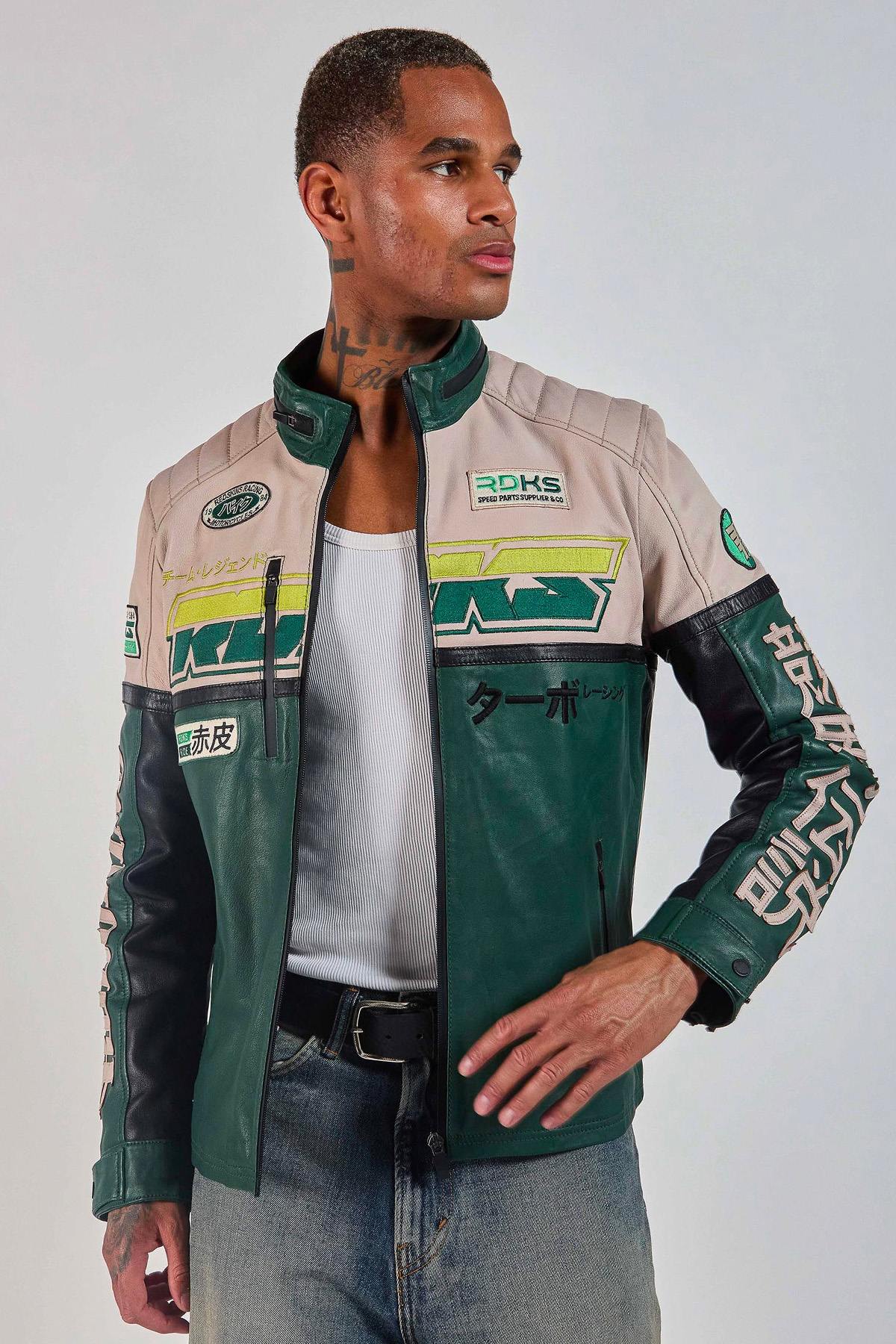 Vintage green and off-white racing leather jacket - Image n°2