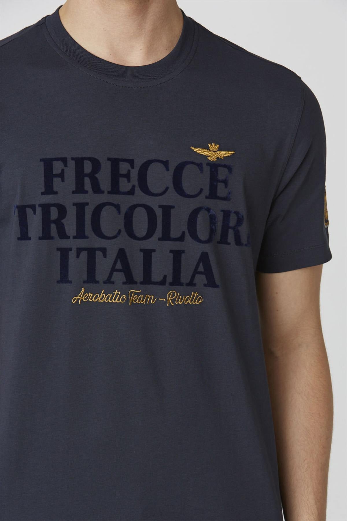 100% cotton navy blue t-shirt with flocked print - Image n°2