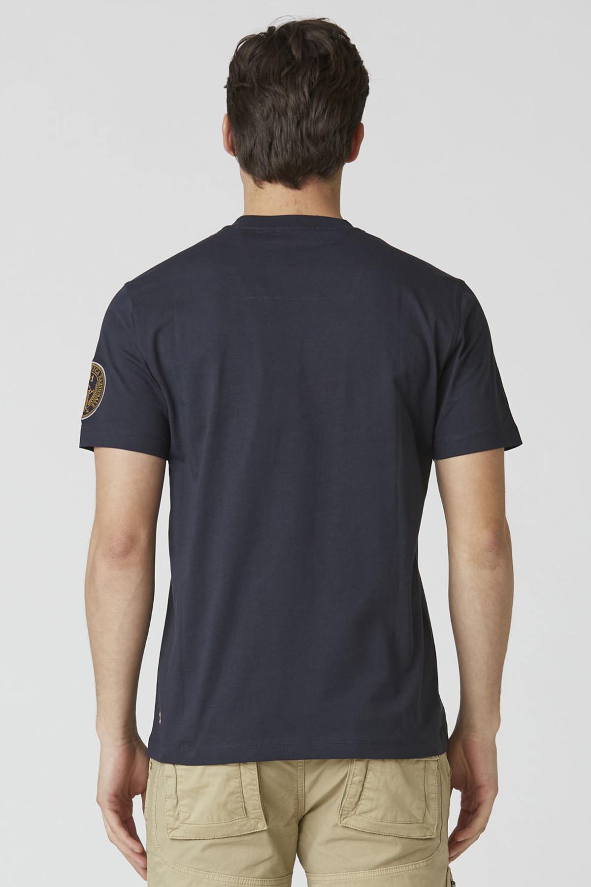 100% cotton navy blue t-shirt with flocked print - Image n°3