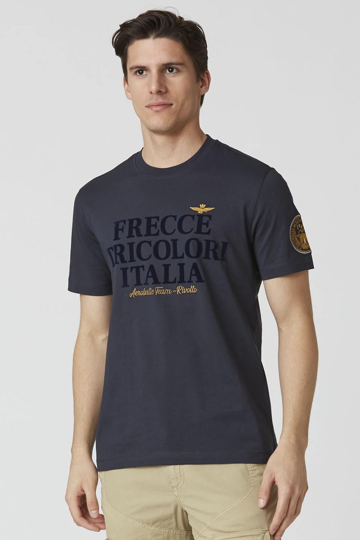 100% cotton navy blue t-shirt with flocked print - Image n°1