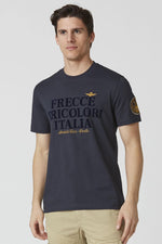 100% cotton navy blue t-shirt with flocked print - Image n°1