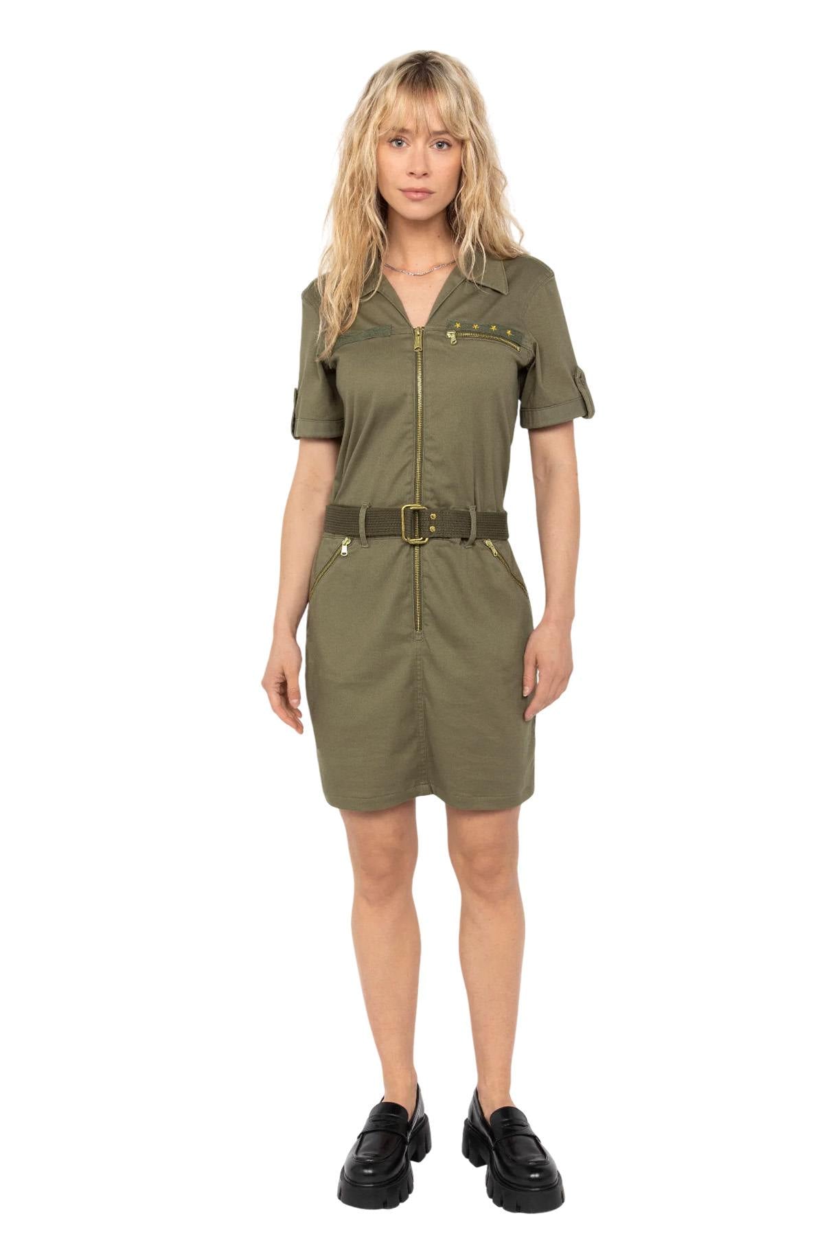 Khaki army dress with belt - Image n°4