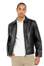 Black cowhide leather jacket with shirt collar - Image n°1