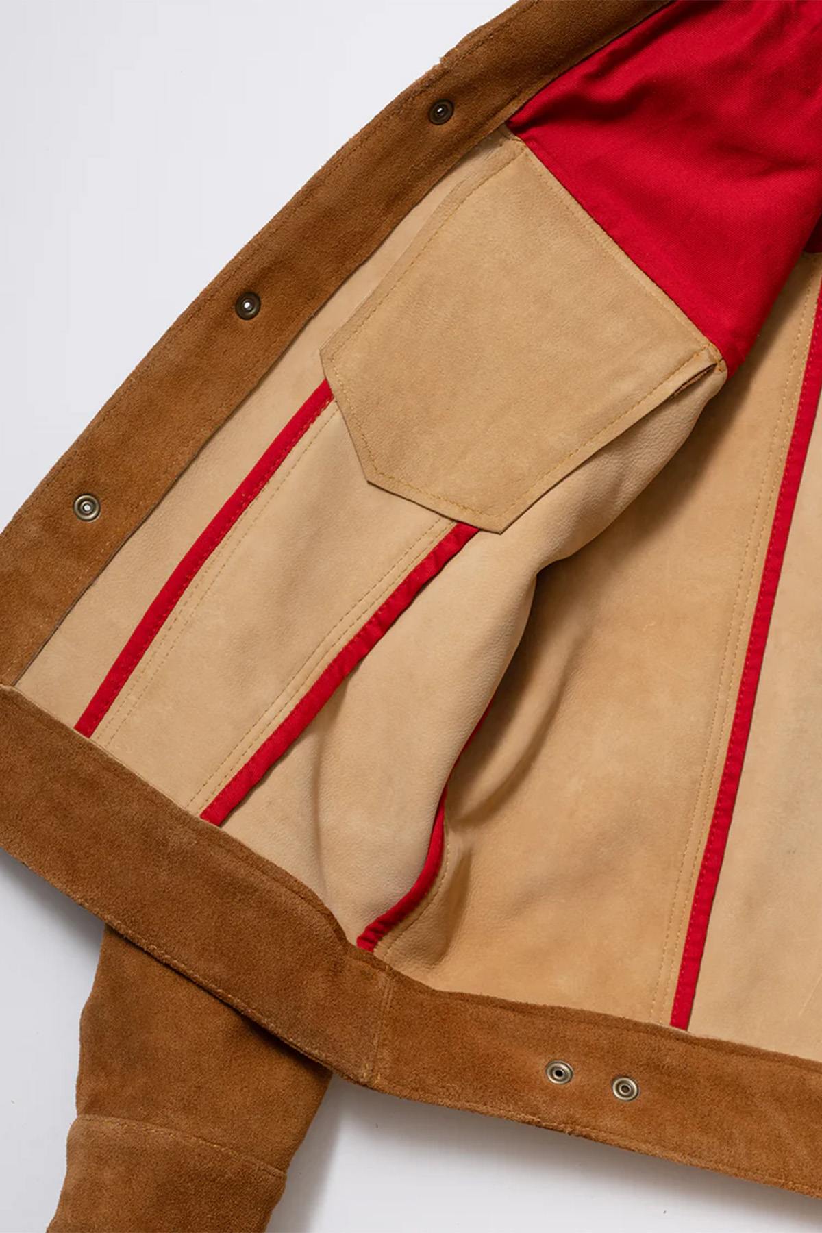 Rugged suede leather trucker jacket with buffalo leather collar - Image n°7