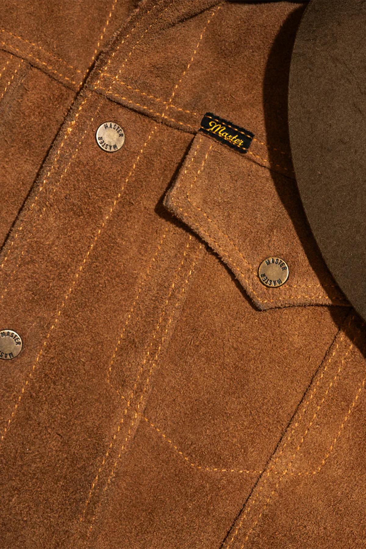 Rugged suede leather trucker jacket with buffalo leather collar - Image n°12
