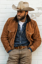Rugged suede leather trucker jacket with buffalo leather collar - Image n°1