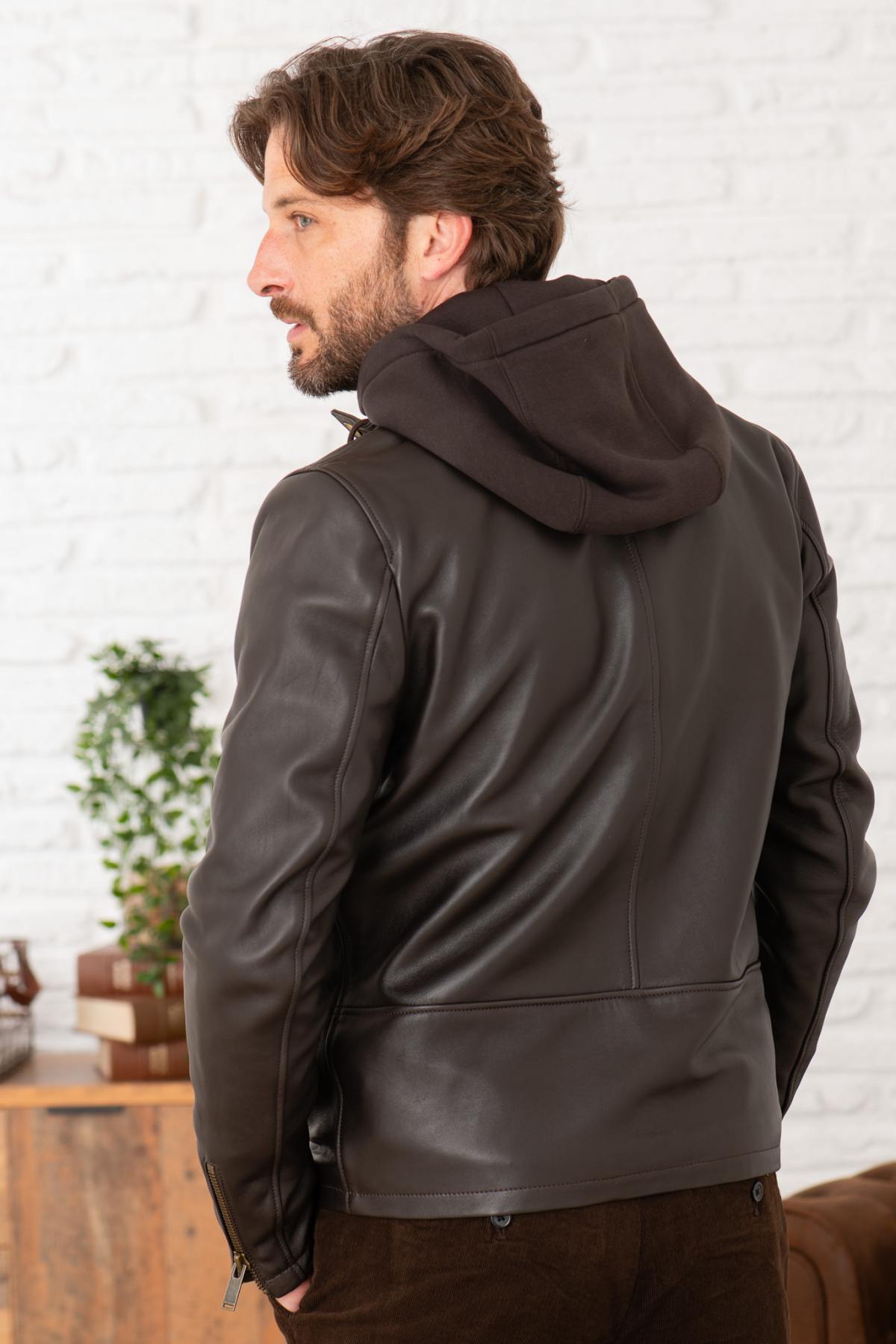 Cocoa-colored leather hooded jacket - Image n°3