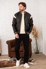 Vintage style black and white leather varsity teddy - Image n°2