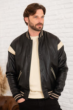 Vintage style black and white leather varsity teddy - Image n°1