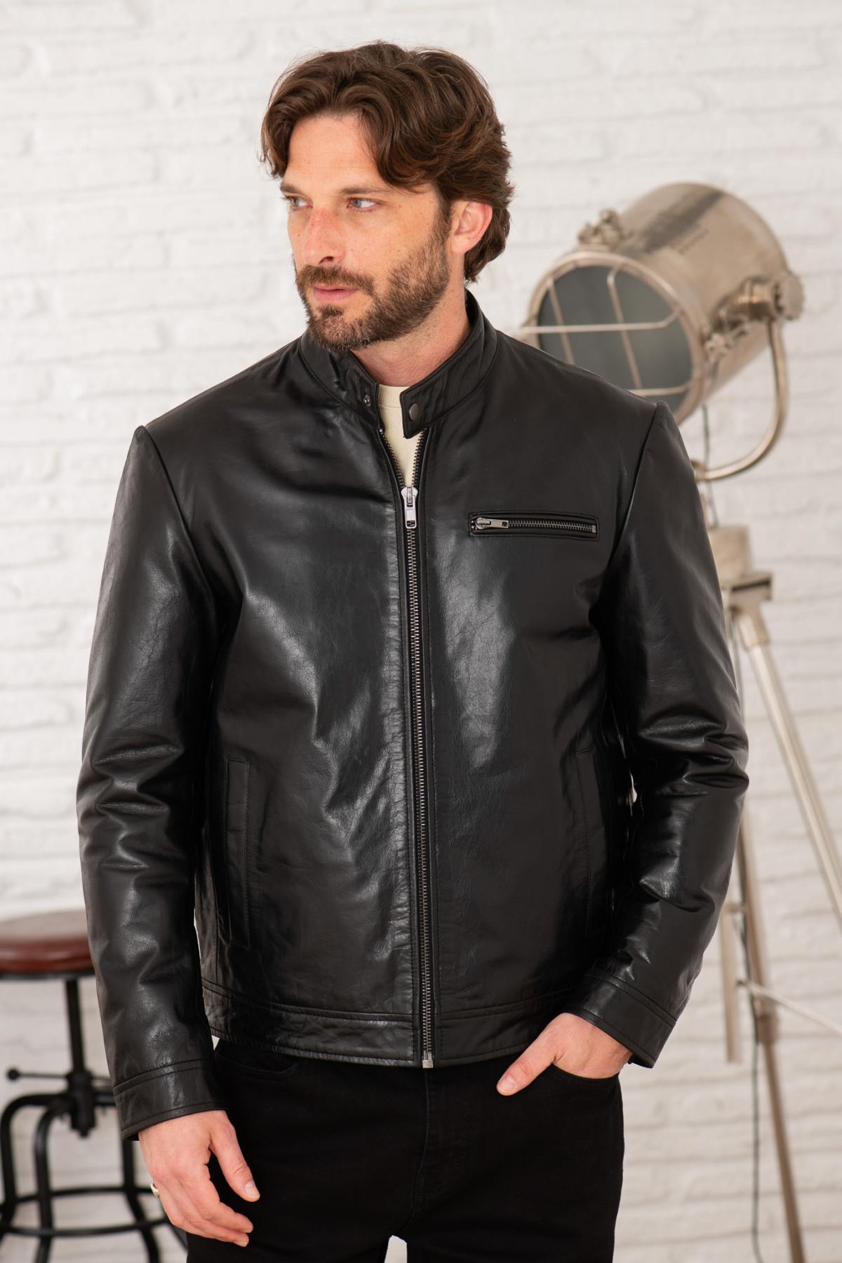 Black smooth leather jacket with minimalist biker collar - Image n°5
