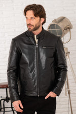 Black smooth leather jacket with minimalist biker collar - Image n°5