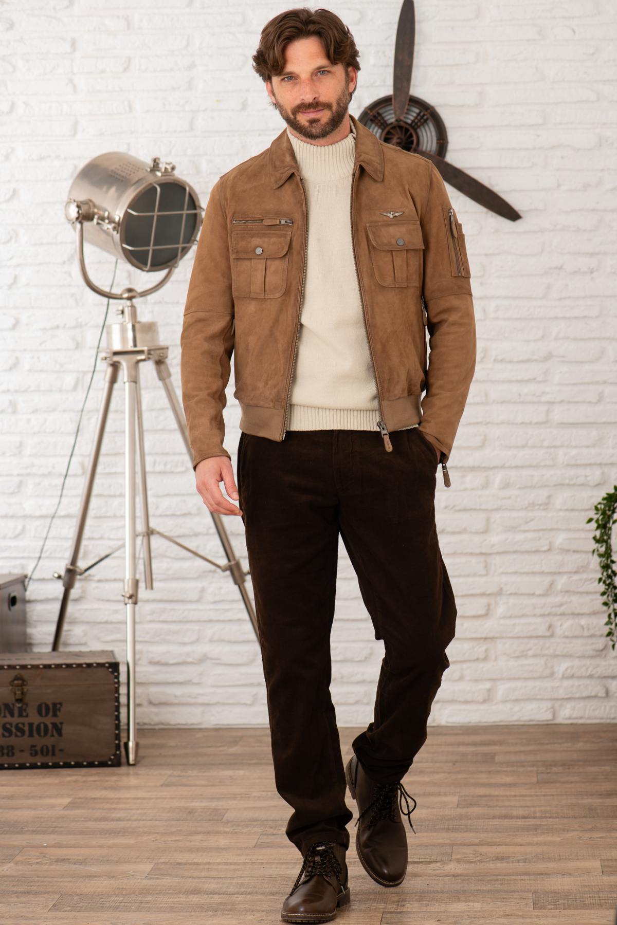 Suede leather bomber jacket with metal emblem - Image n°4