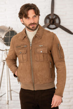 Suede leather bomber jacket with metal emblem - Image n°6