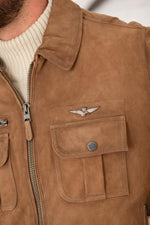 Suede leather bomber jacket with metal emblem - Image n°3