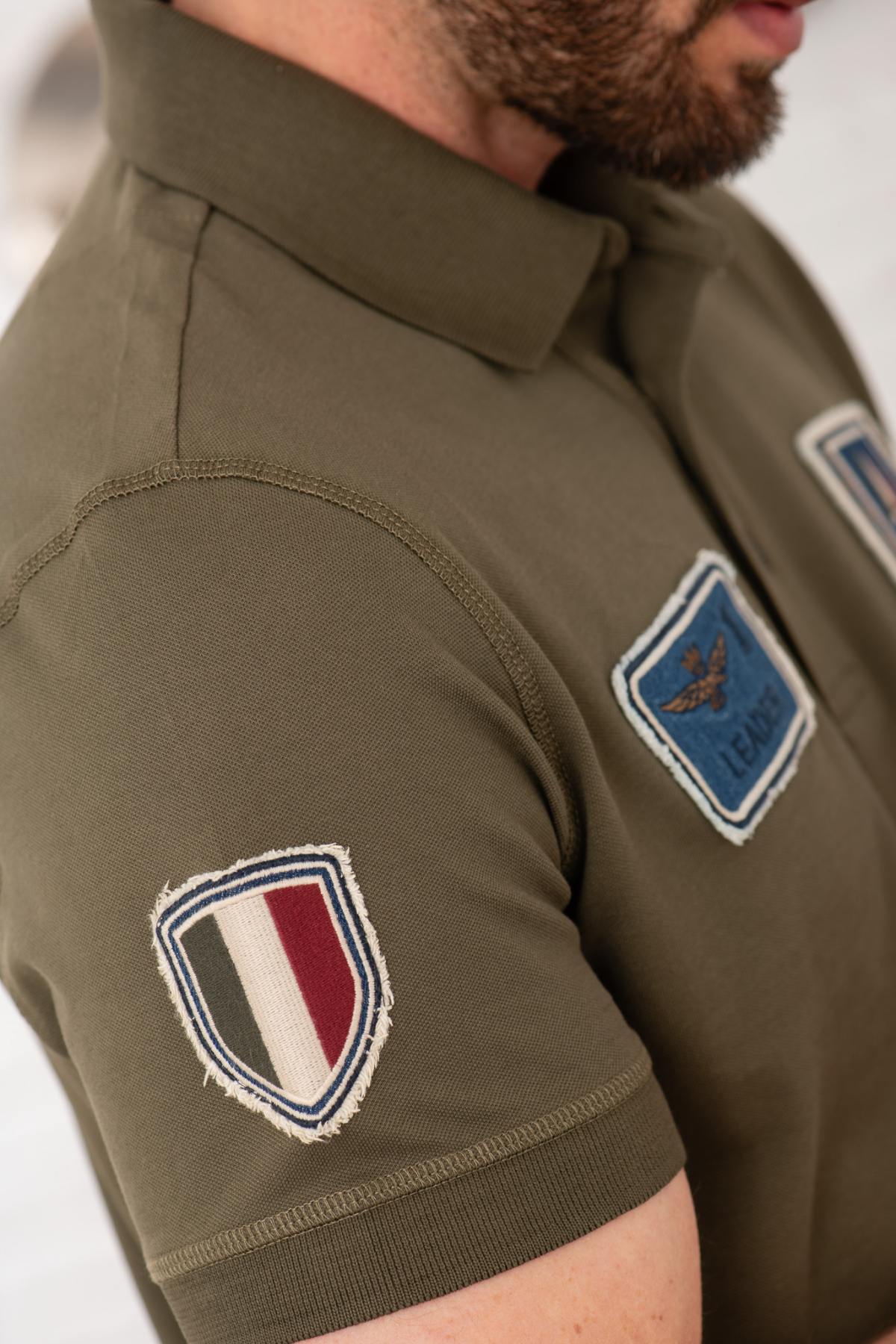 Olive green cotton polo shirt with distressed patches - Image n°5