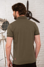 Olive green cotton polo shirt with distressed patches - Image n°3