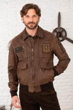 Distressed brown leather bomber jacket - Image n°1