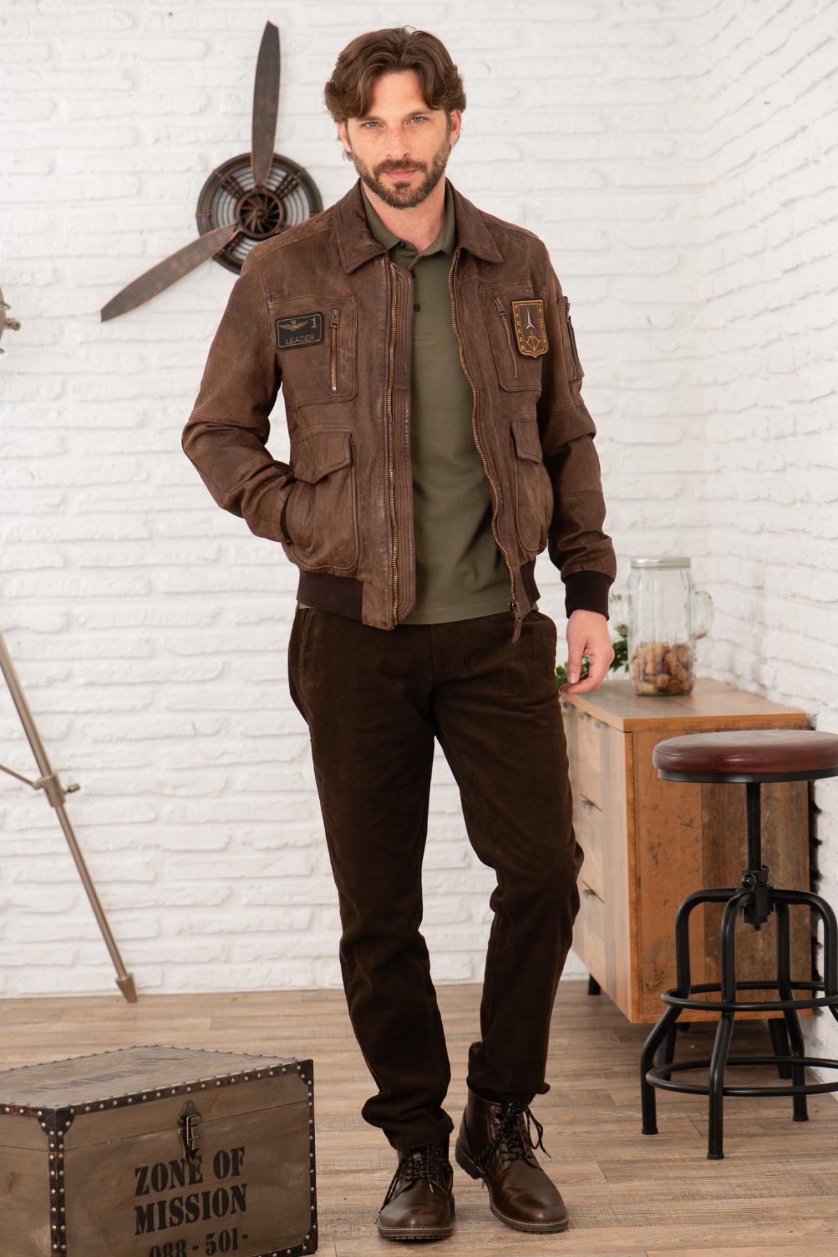 Distressed brown leather bomber jacket - Image n°4