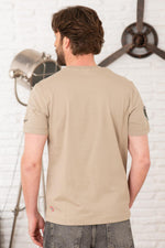 Sand-colored cotton T-shirt with distressed patches - Image n°4