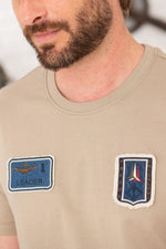 Sand-colored cotton T-shirt with distressed patches - Image n°3