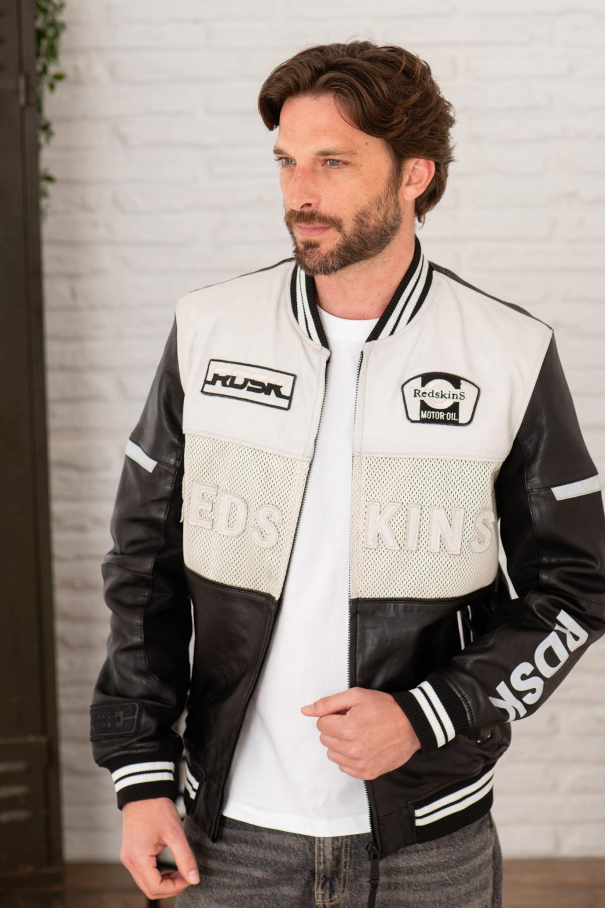 Black and white leather teddy bear in vintage racing style - Image n°1