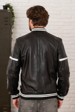 Redskins' black-and-white lambskin bomber with teddy collar and mesh. - Image n°4