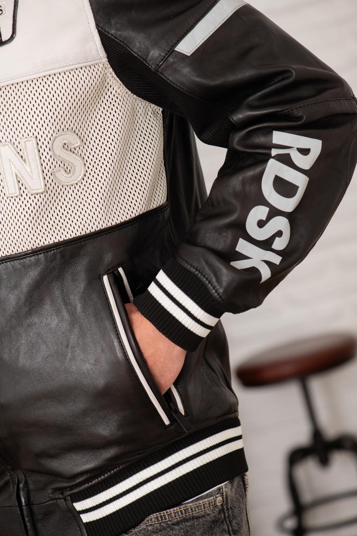 Redskins' black-and-white lambskin bomber with teddy collar and mesh. - Image n°7