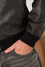 Black leather jacket with stand-up collar and ribbed edges - Image n°6