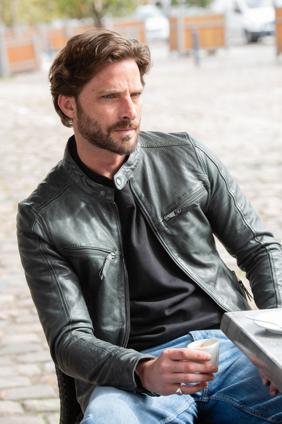 Skinny fit charcoal biker collar leather jacket - Image n°1