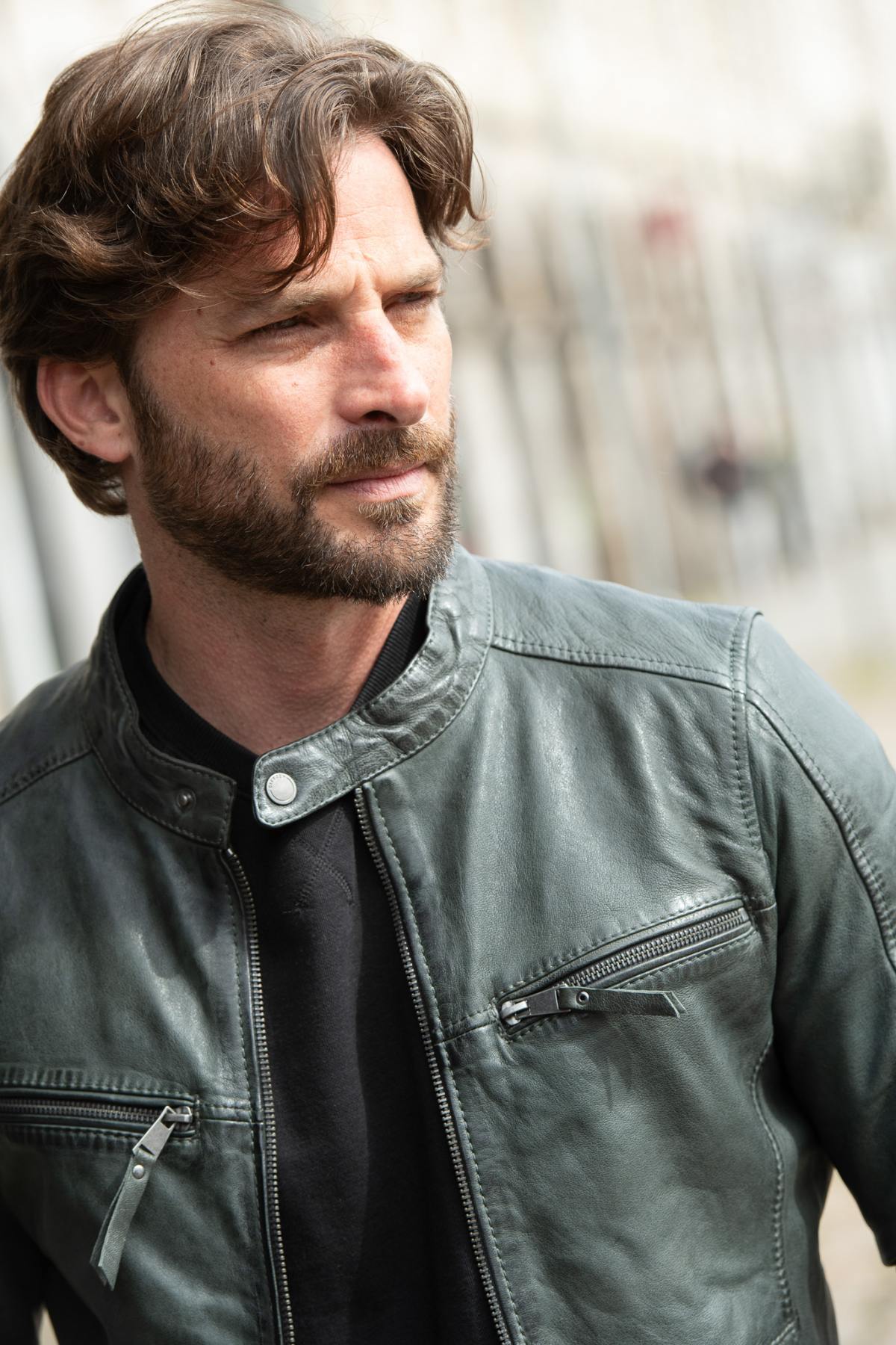 Skinny fit charcoal biker collar leather jacket - Image n°3