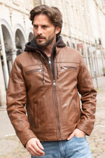 Cognac-colored leather jacket with removable hood - Image n°1