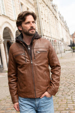 Supple cognac sheep leather jacket, biker collar, and detachable hood. - Image n°5