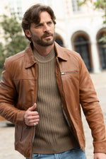 Camel-colored leather jacket with a shirt collar - Image n°5
