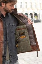 Bison-colored stand-up collar leather jacket with removable facing - Image n°2