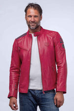 Red racing leather jacket with biker collar - Image n°1