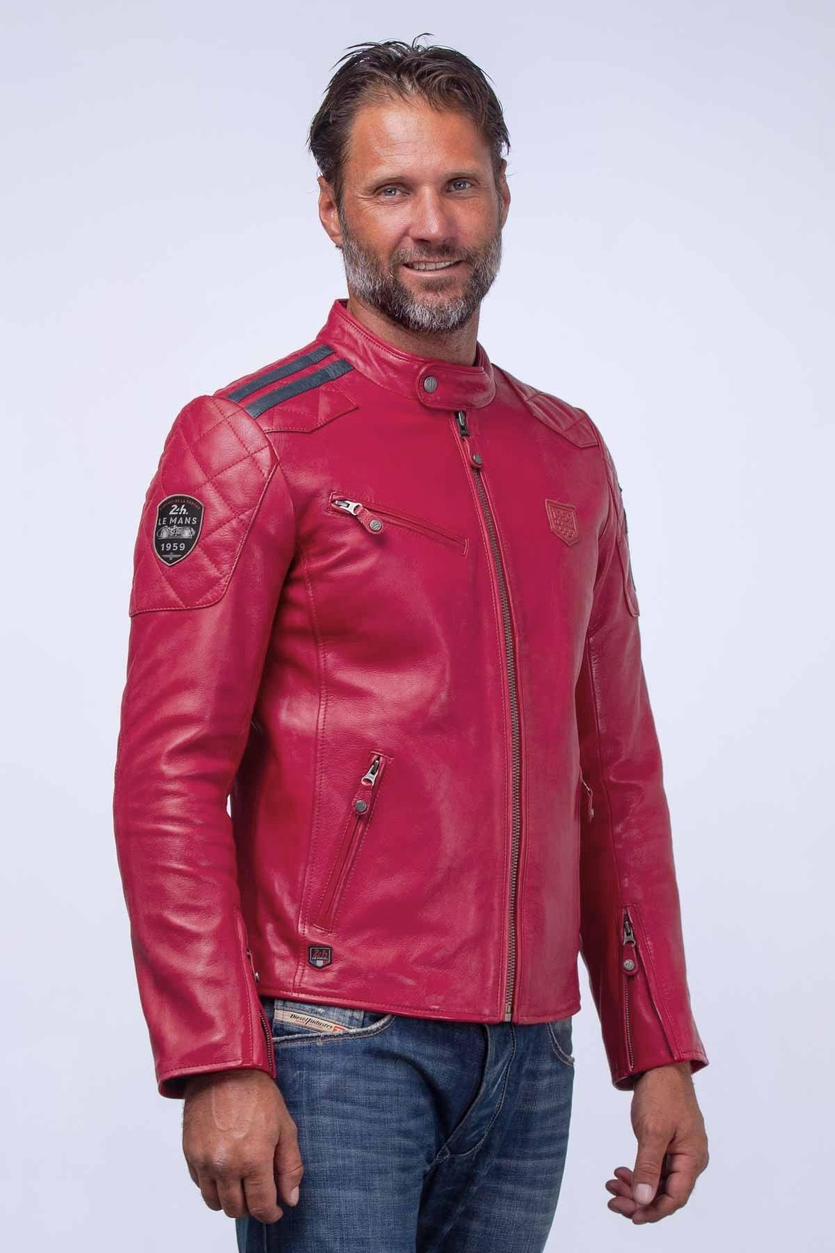 Red racing leather jacket with biker collar - Image n°4