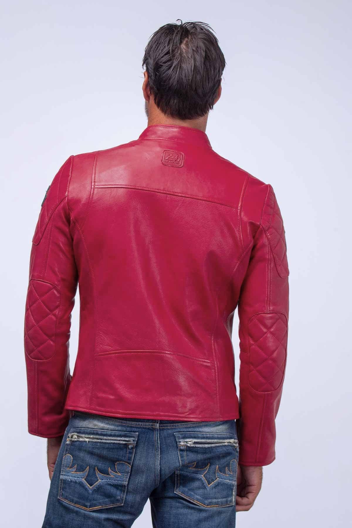 Red racing leather jacket with biker collar - Image n°3