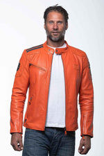 Orange leather jacket with biker collar - Image n°1