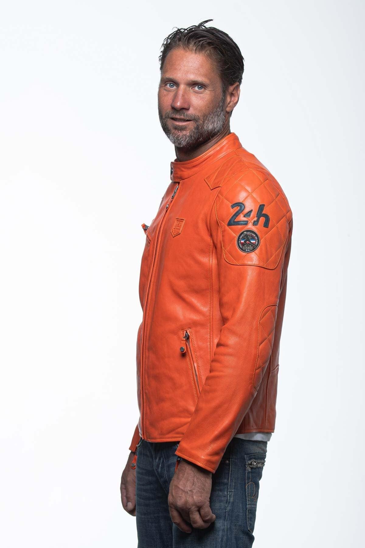 Orange leather jacket with biker collar - Image n°6