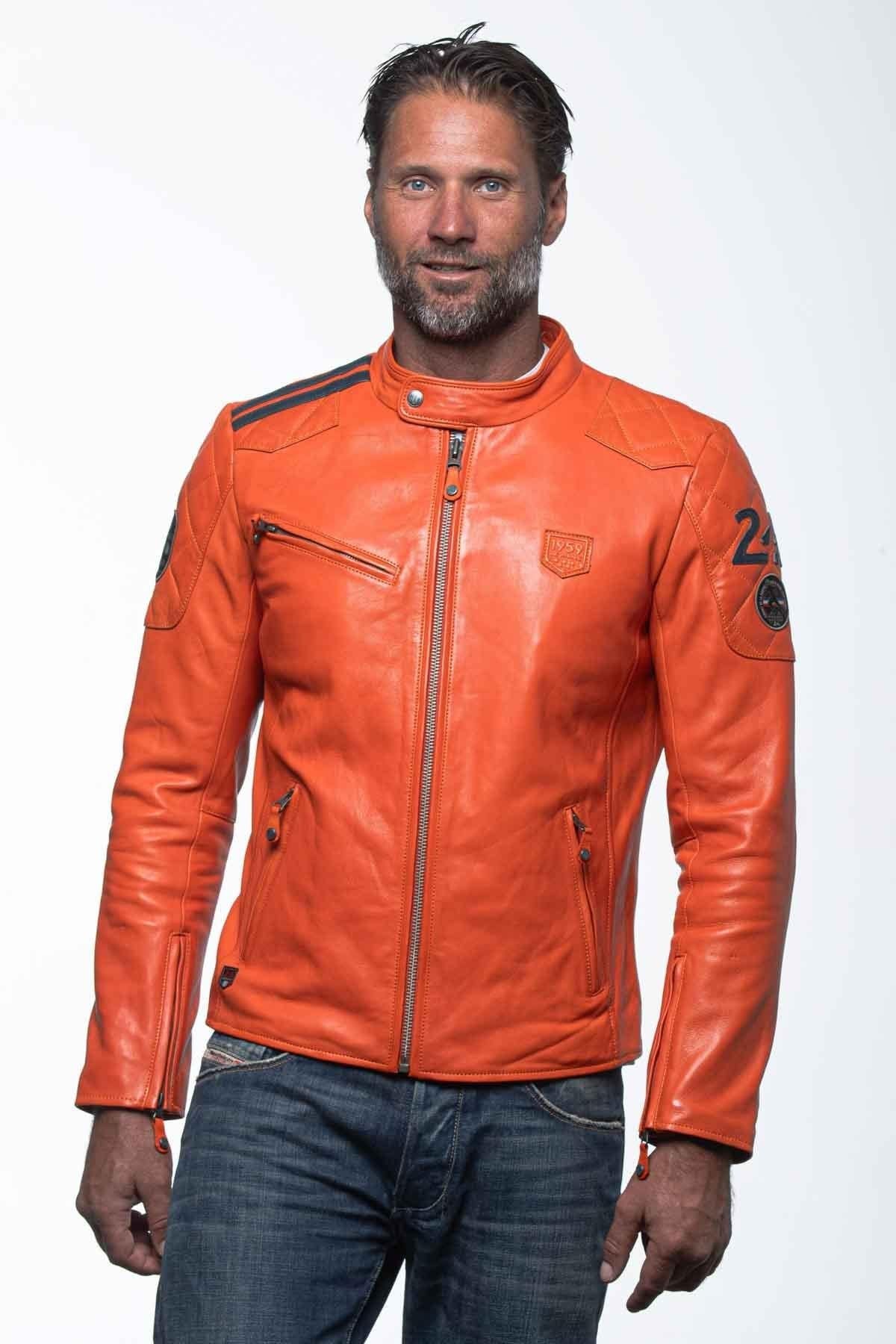 Orange leather jacket with biker collar - Image n°5