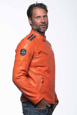 Orange leather jacket with biker collar - Image n°2