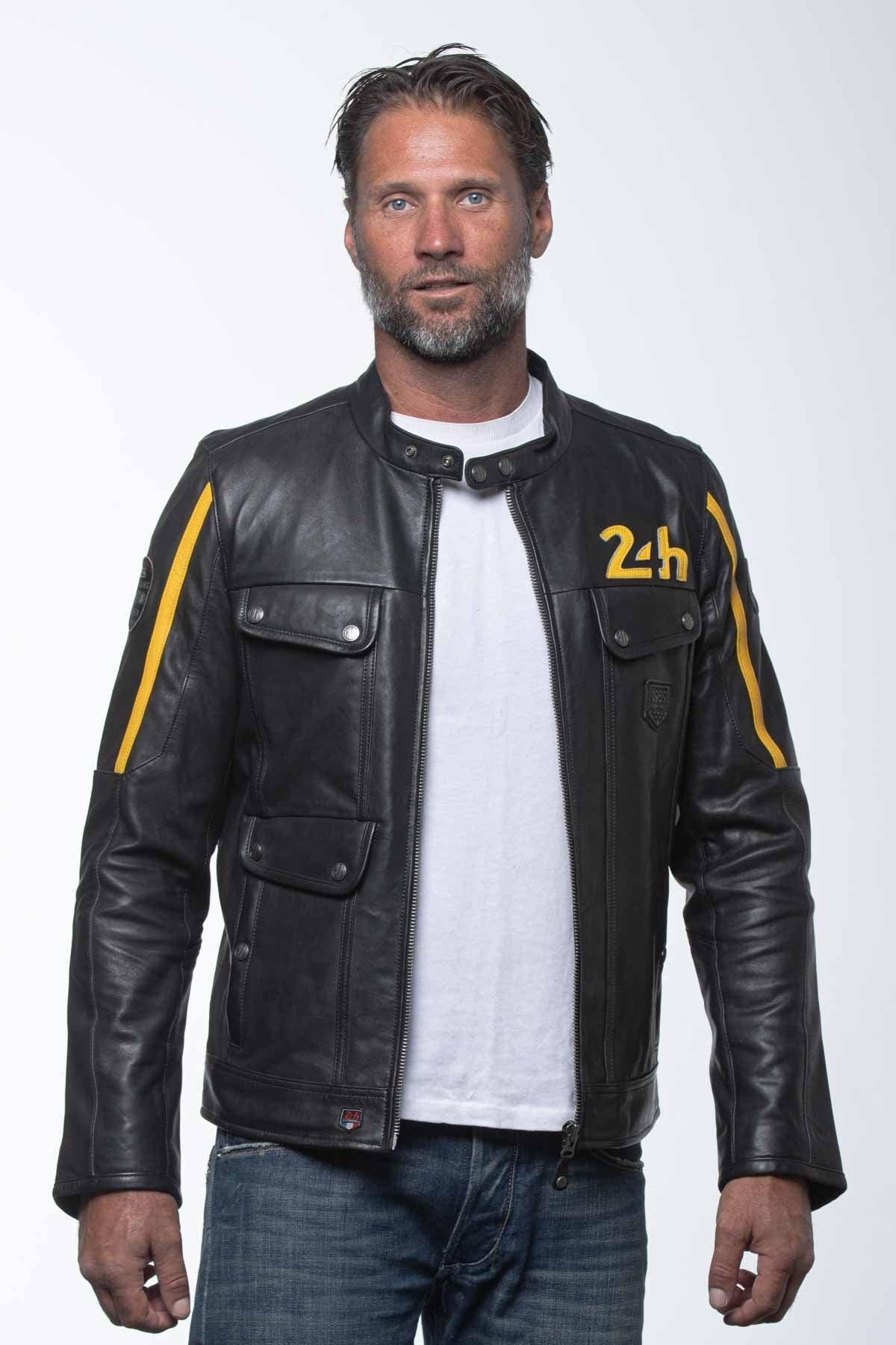 Lambskin leather jacket in black, biker collar, motorsport-inspired. - Image n°1