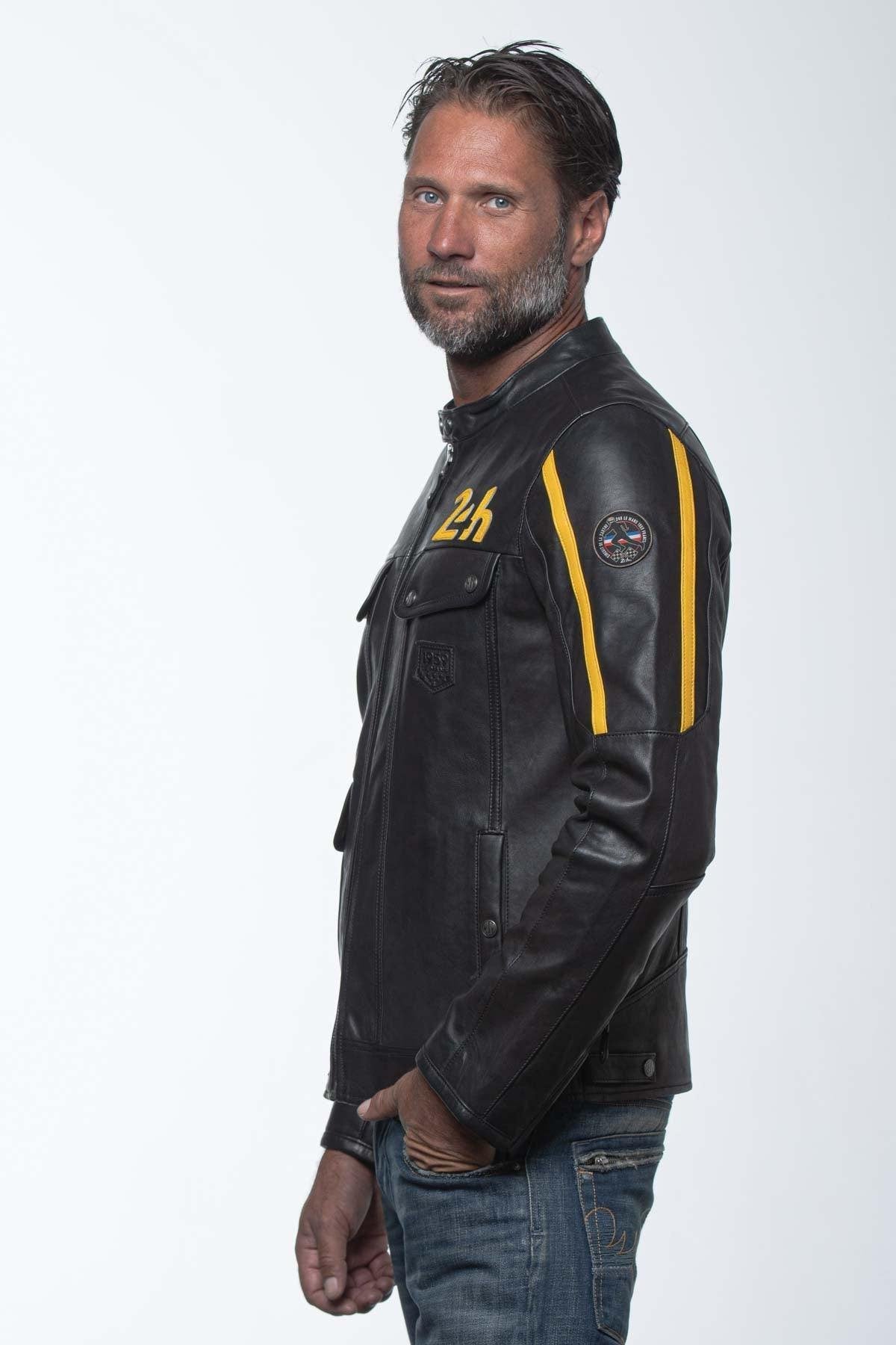 Black leather jacket with biker collar and yellow stripes - Image n°4
