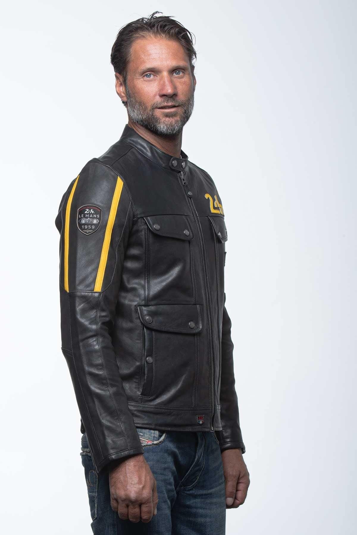 Black leather jacket with biker collar and yellow stripes - Image n°5