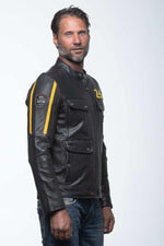 Black leather jacket with biker collar and yellow stripes - Image n°6