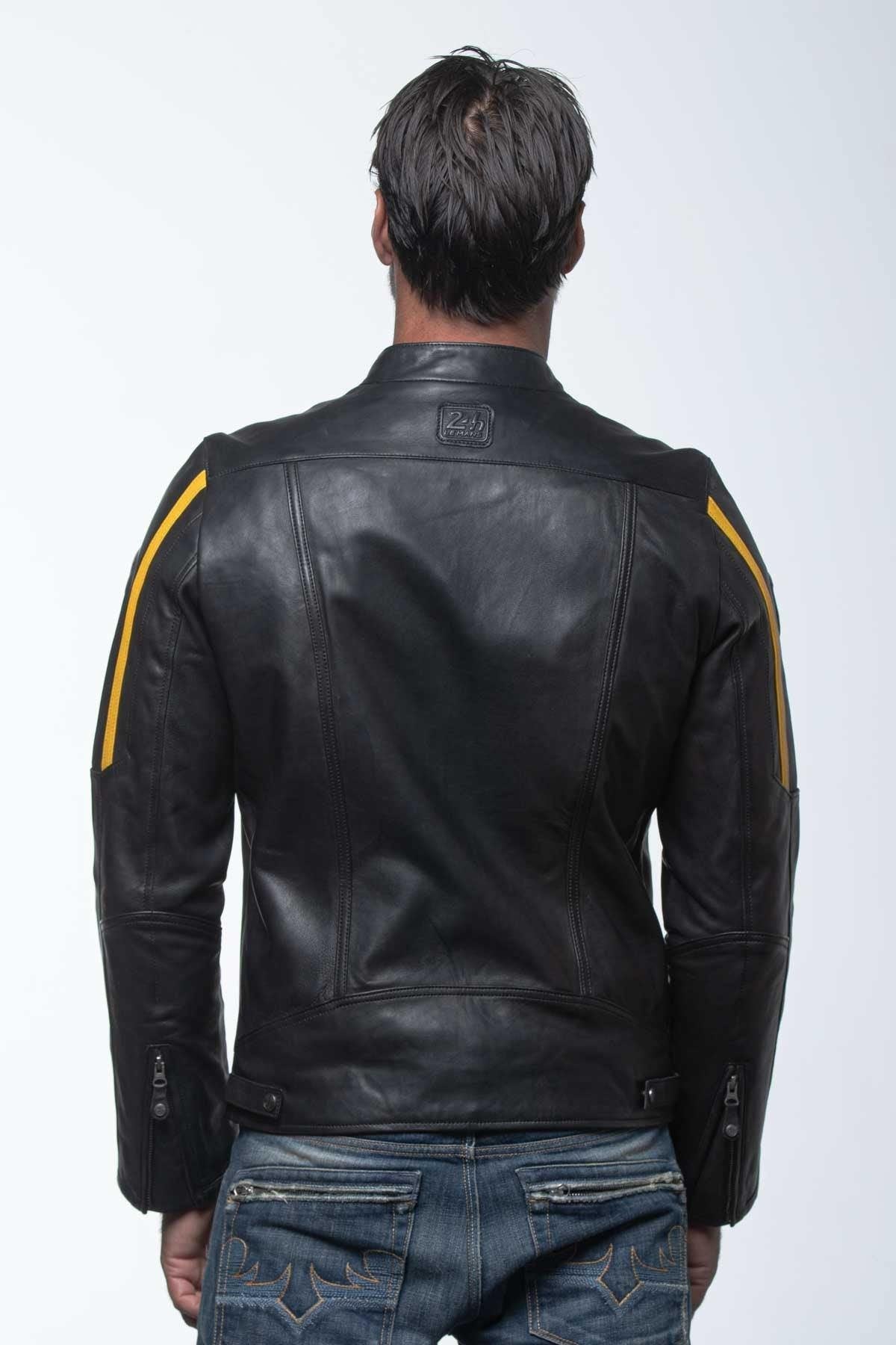 Black leather jacket with biker collar and yellow stripes - Image n°3