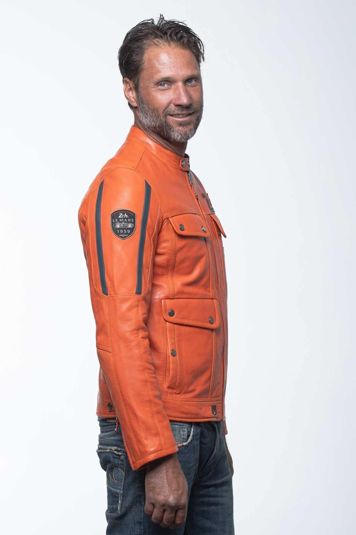 Orange leather jacket with biker collar and navy blue stripes - Image n°3