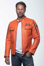 Orange leather jacket with biker collar and navy blue stripes - Image n°1